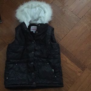 Girl’s Black Puffy Vest with White Hood Size 14